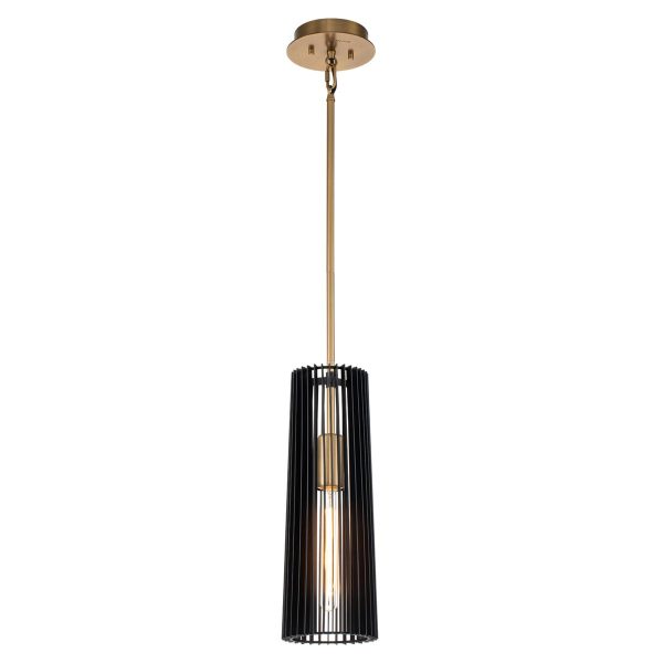 Quintiesse Linara single light pendant in matt black and natural brass full height on white background