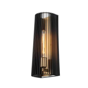 Quintiesse Linara single lamp wall light in matt black and natural brass full height on white background