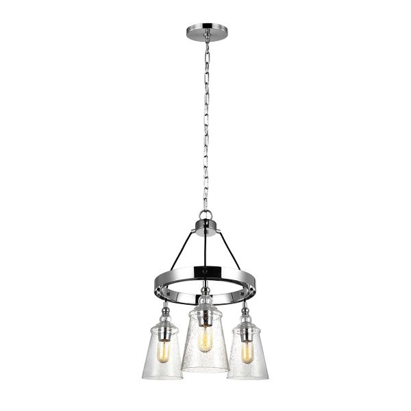 Quintiesse Loras chrome 3 light chandelier pendant with seeded glass shades full height