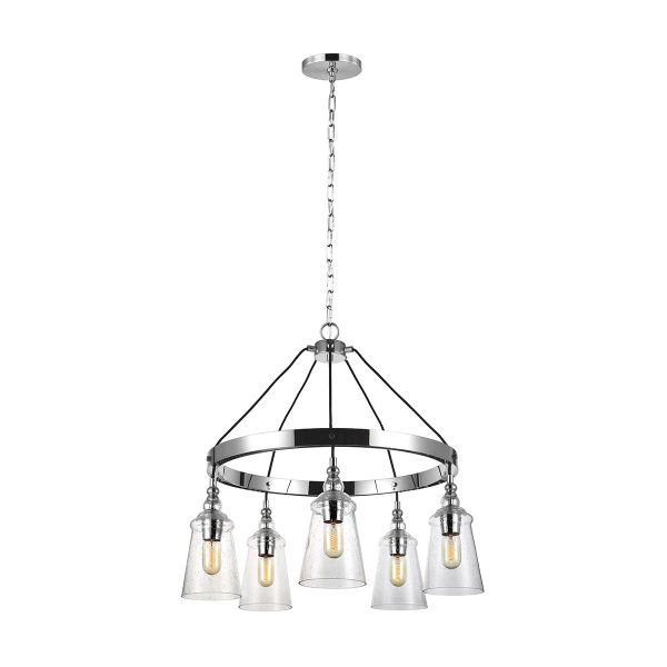 Quintiesse Loras chrome 5 light chandelier pendant with seeded glass shades full height