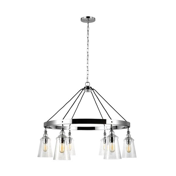 Quintiesse Loras chrome 6 light large chandelier with seeded glass shades full height