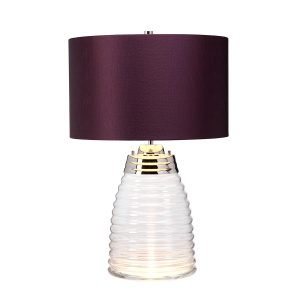 Quintiesse Milne blown glass 2 light table lamp with polished nickel metalwork and aubergine shade lit