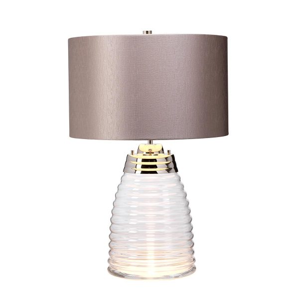 Quintiesse Milne blown glass 2 light table lamp with polished nickel metalwork and grey shade lit