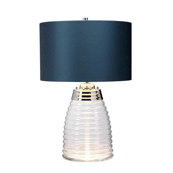 Quintiesse Milne blown glass 2 light table lamp with polished nickel metalwork and teal shade lit