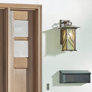 Quintiesse Morris Mission style large 1 light outdoor wall lantern in distressed copper by front door