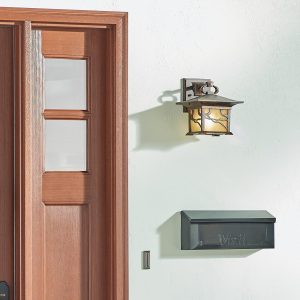 Quintiesse Morris Mission style medium 1 light outdoor wall lantern in distressed copper by front door