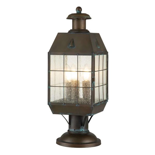 Nantucket large 3 light outdoor pedestal lantern in aged solid brass main image