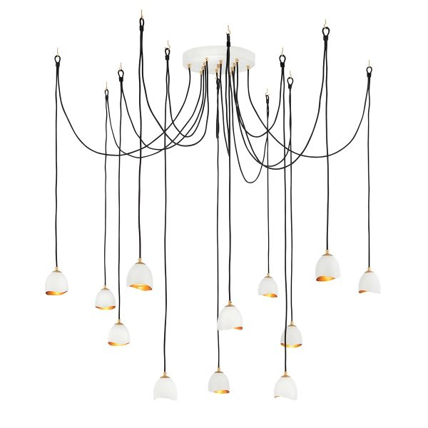 Quintiesse Nula contemporary 12 light designer ceiling pendant in shell white and gold wide spread