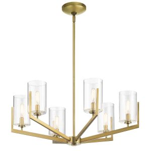 Nye modern 6 light chandelier in brushed natural brass on white background
