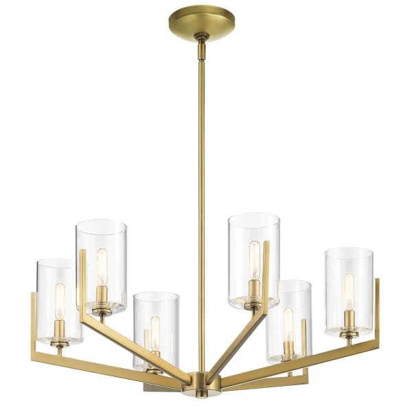 Nye modern 6 light chandelier in brushed natural brass on white background