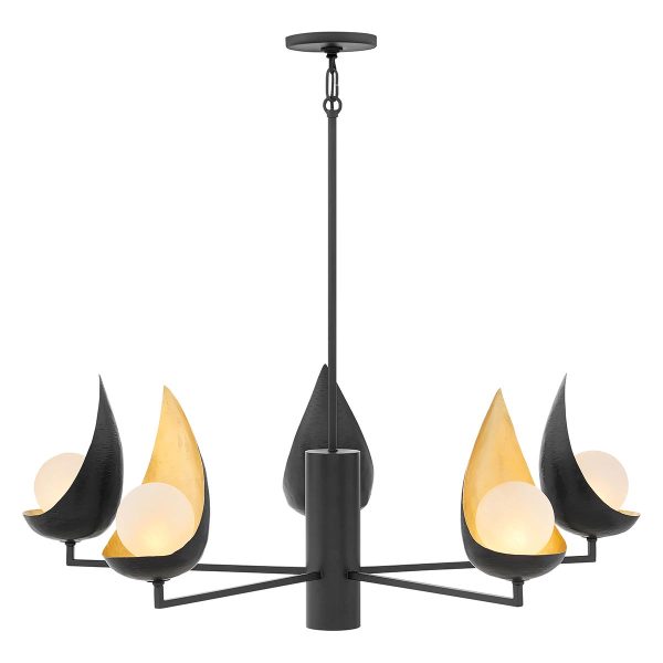 Quintiesse Ren contemporary matte black and gold 5 light designer chandelier main image