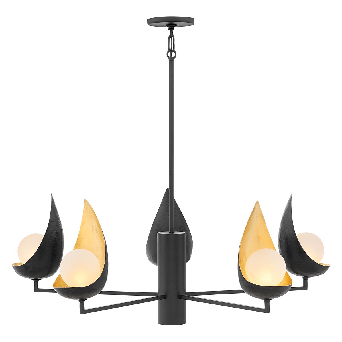 Ren Contemporary Black & Gold 5 Light Designer Chandelier White Glass