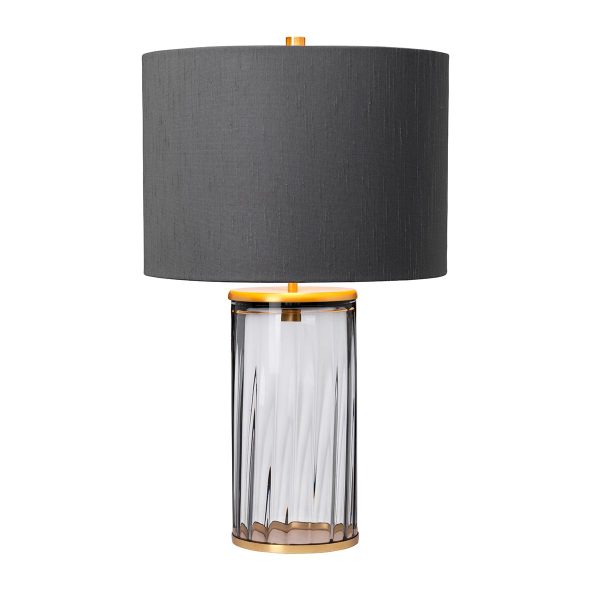 Quintiesse Reno ribbed smoked glass 1 light table lamp with aged brass metalwork and grey shade main image