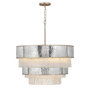 Quintiesse Reverie 12 light large chandelier in stainless steel and textured crystal glass on white background