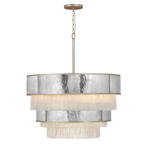 Quintiesse Reverie 12 light large chandelier in stainless steel and textured crystal glass on white background