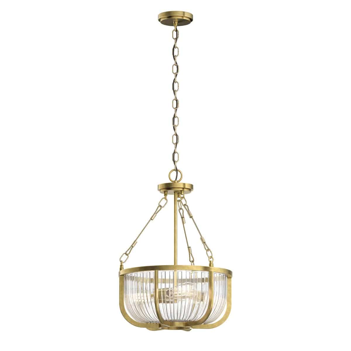 Quintiesse Roux Stunning 3 Light Pendant Natural Brass Ribbed Glass