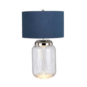 Quintiesse Sola large clear glass table lamp in polished nickel with blue shade
