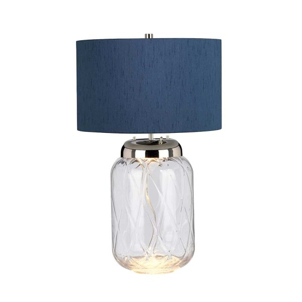 Quintiesse Sola large clear glass table lamp in polished nickel with blue shade