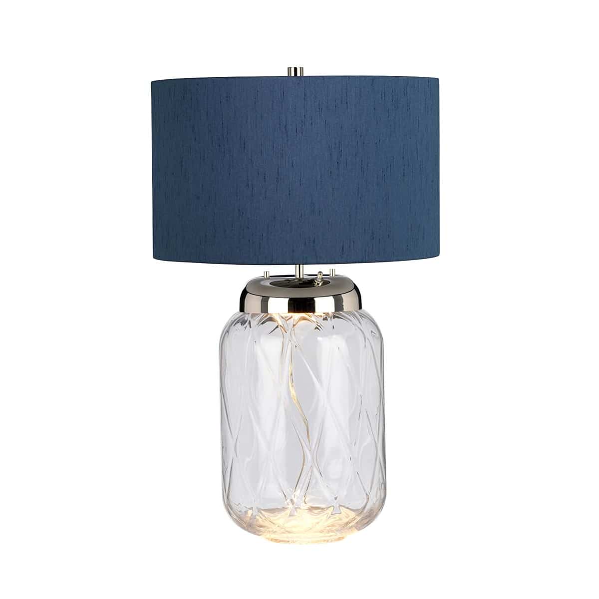 Sola 2 Light Clear Glass Table Lamp Polished Nickel Blue Drum Shade
