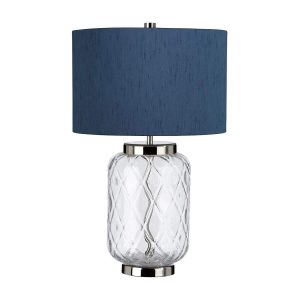Quintiesse Sola small clear glass table lamp in polished nickel with blue shade on white background