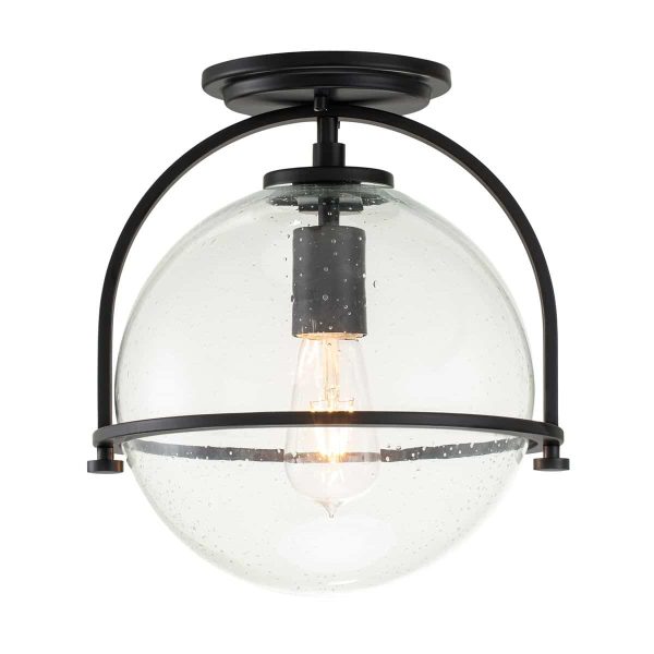 Quintiesse Somerset 1 Lamp Flush Ceiling Light Matt Black Seeded Glass