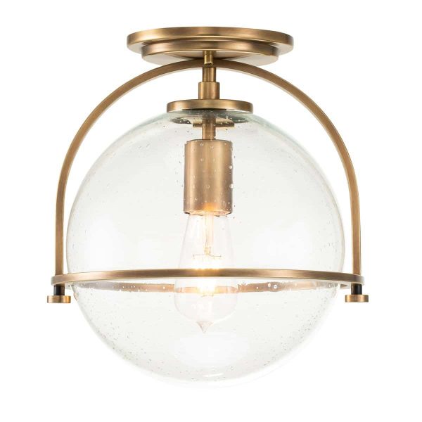Quintiesse Somerset Flush Ceiling Light Heritage Brass Seeded Glass