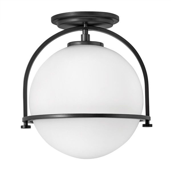 Quintiesse Somerset 1 Lamp Flush Ceiling Light Matt Black Opal Glass