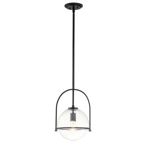Quintiesse Somerset 1 light ceiling pendant in matt black with seeded glass globe shade full height