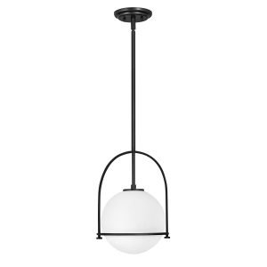 Quintiesse Somerset 1 light ceiling pendant in matt black with opal glass globe shade full height