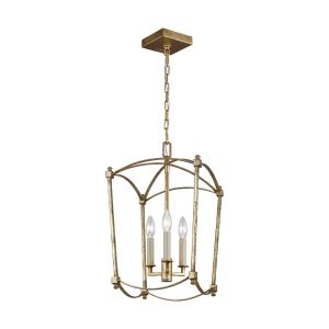 Quintiesse Thayer 3 light ironwork ceiling pendant in antique gold full height