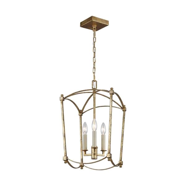 Quintiesse Thayer 3 light ironwork ceiling pendant in antique gold full height