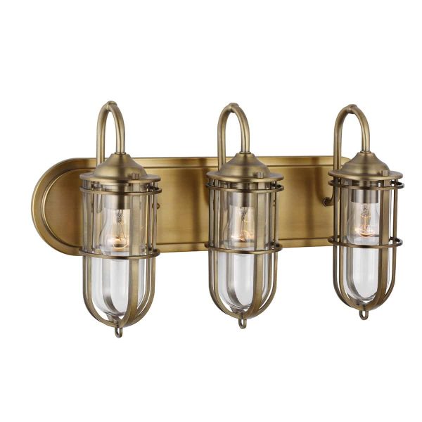 Urban Restoration 3 Lamp Antique Brass Bathroom Mirror Light Clear Glass