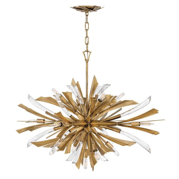 Quintiesse Vida wide designer 13 light ceiling pendant in burnished gold with sculpted crystal main image