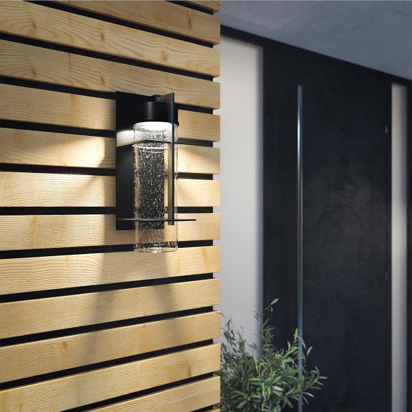 Quintiesse Eames large 10w LED outdoor wall lantern in earth black fitted to wood cladding