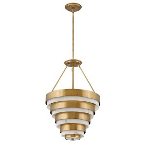 Quintiesse Echelon Art Deco style 4 light chandelier in heritage brass full height on white background