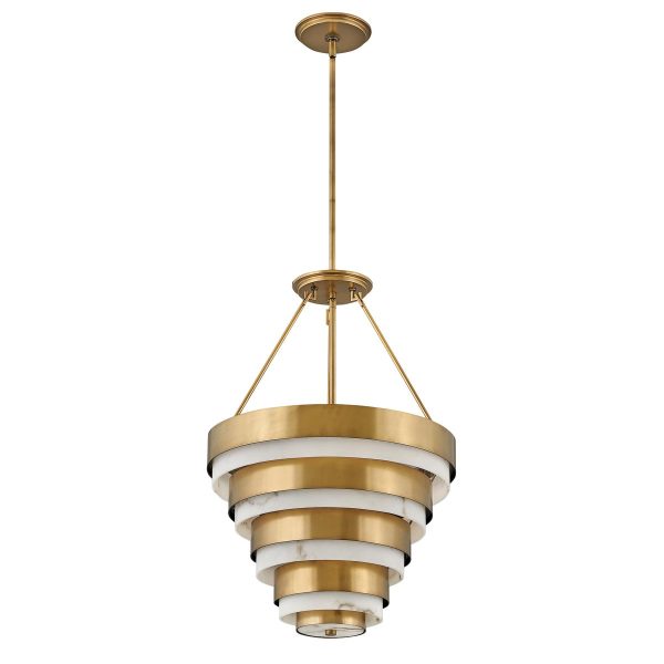 Quintiesse Echelon Art Deco style 4 light chandelier in heritage brass full height on white background