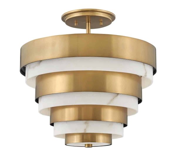 Quintiesse Echelon Art Deco style 3 light semi flush ceiling light in heritage brass on white background