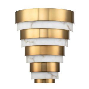 Quintiesse Echelon LED tiered Art Deco style wall light in heritage brass on white background