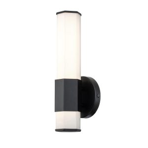 Quintiesse Facet 1 light LED bathroom wall light in matt black on white background