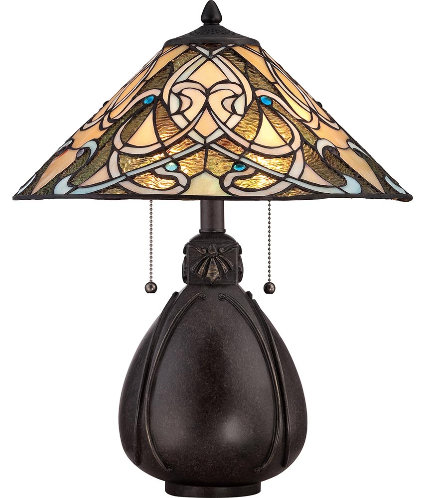 Quoizel India 2 Light Tiffany Table Lamp Art Nouveau Imperial Bronze