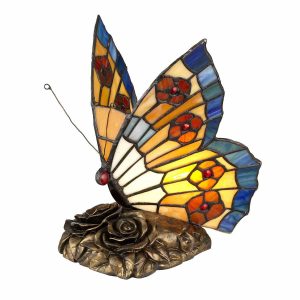 Quoizel Tiffany art glass handmade multi coloured butterfly table lamp lit