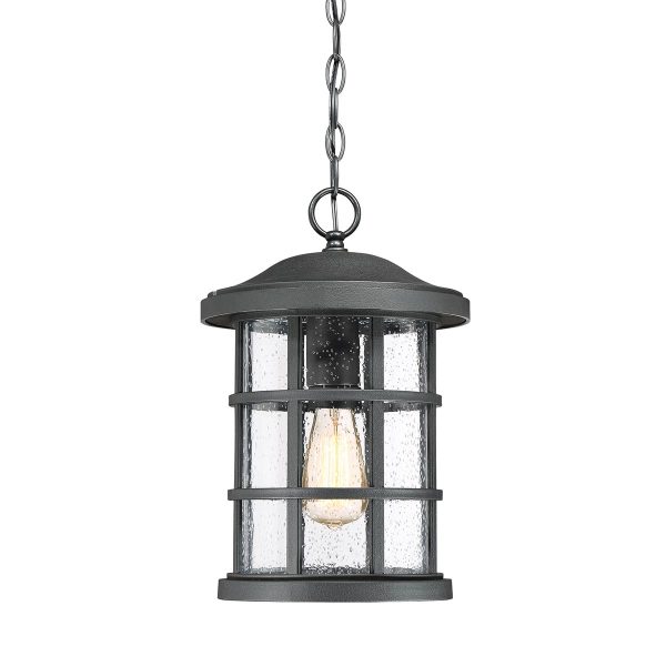 Quoizel Crusade earth black 1 light outdoor porch chain lantern with seeded glass