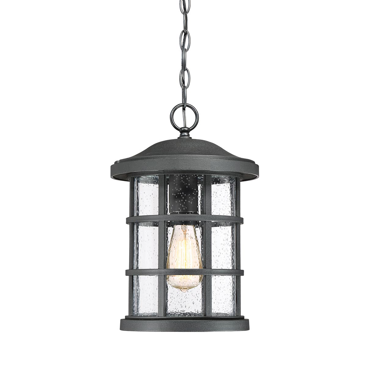 Quoizel Crusade Black 1 Light Outdoor Porch Chain Lantern Seeded Glass