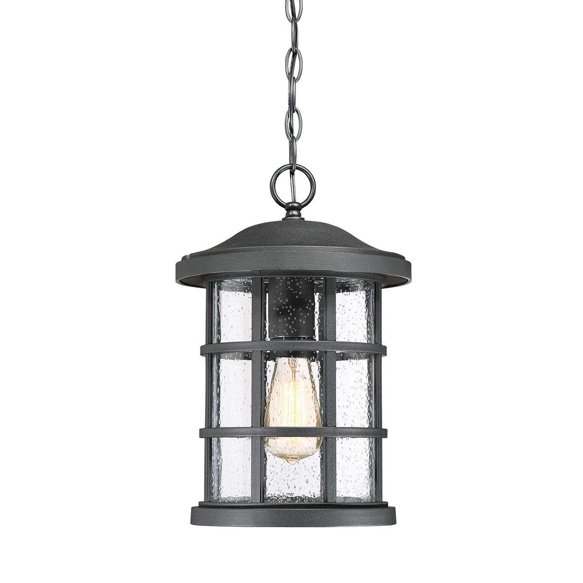 Quoizel Crusade earth black 1 light outdoor porch chain lantern with seeded glass