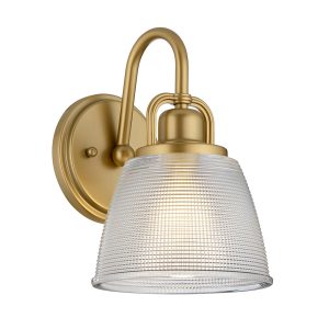 Quoizel Dublin 1 lamp painted natural brass bathroom wall light with textured glass shade lit