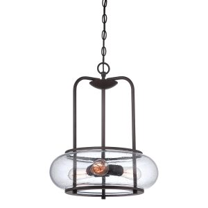 Trilogy 3 light ceiling pendant in old bronze finish with clear seeded glass shade