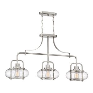 Trilogy 3 light island pendant in brushed nickel with clear seeded glass shades