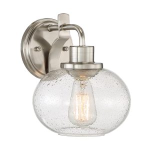 Trilogy 1 lamp single wall light in brushed nickel with seeded glass shade