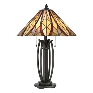 Quoizel Victory 2 light Art Nouveau style Tiffany table lamp in vintage bronze lit