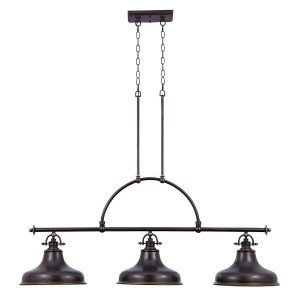 Quoizel Emery 3 light Palladian bronze industrial island pendant, full height on a white background.